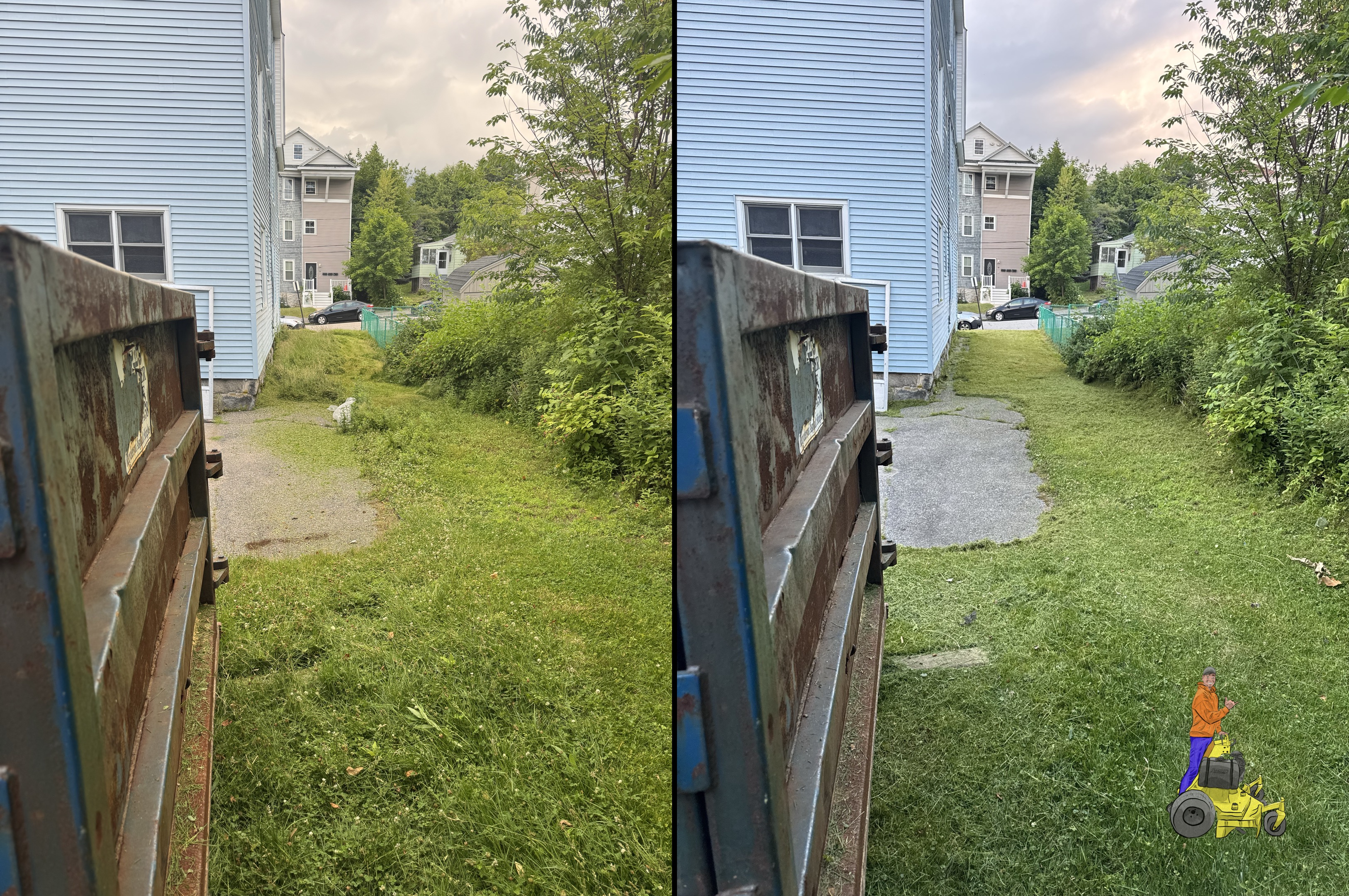 Before and after side-by-side comparison of Nice Lawn Bro lawn mowing in Worcester MA